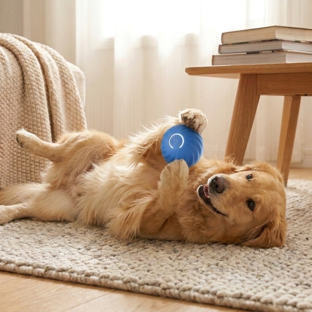 Dog playing alone with the Smart Ball while owner works